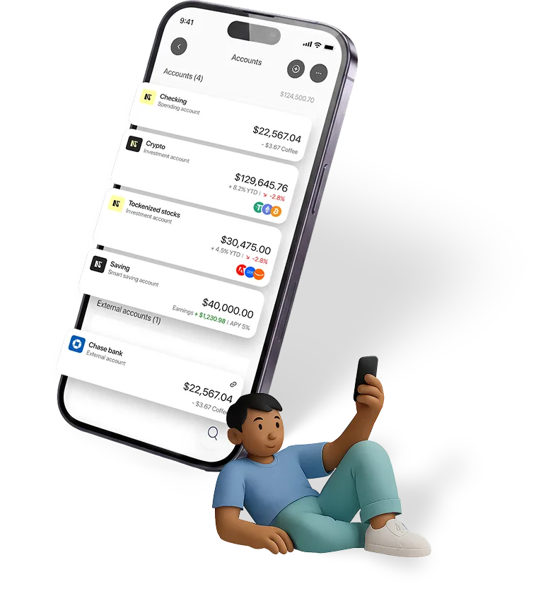 Normies account selection mobile view showing checking, savings, and crypto options