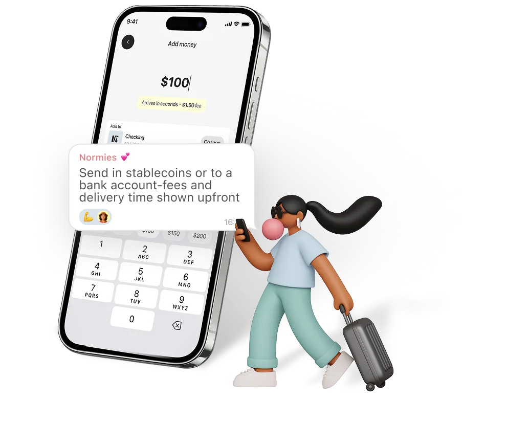 Normies bank transfer mobile view — send and receive money worldwide
